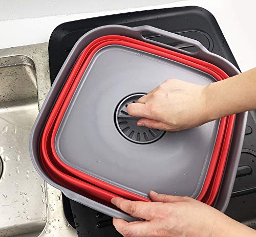 SAMMART 10L (2.64 Gallon) Collapsible Dishpan with Draining Plug - Foldable Washing Basin - Portable Dish Washing Tub - Space Saving Kitchen Storage Tray (1, Grey/Red) - color: Grey/Red