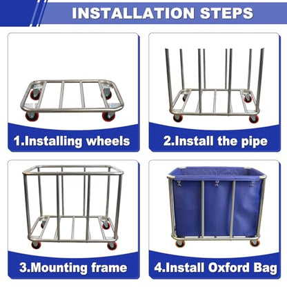 420L Commercial Rolling Laundry Cart, 440lbs Heavy Duty Steel Hamper, Blue