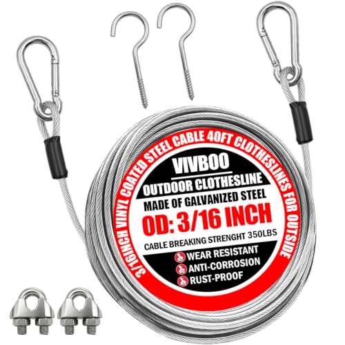 Clothes Line Outdoors 40ft Fixed with Hooks Heavy Duty