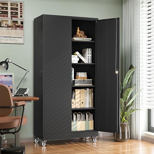 Letaya Metal Garage Storage Cabinets with Wheels,Steel Tool Cabinets Lock Door and Adjustable Shelves for Home,Office,Warehouse Organisieren (Black, 75" H) (Pack of 2) - color: Black, size: 16"D x 32"W x 74.41"H (Pack of 2)