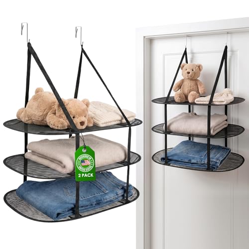 2 Pack 3-Tier Sweater Drying Rack with 2 Over-The-Door Hooks, Portable Folding Clothes Drying Rack, Hanging Mesh Laundry Drying Rack for Apartments, Dorms, Bathroom, Delicates (Black)
