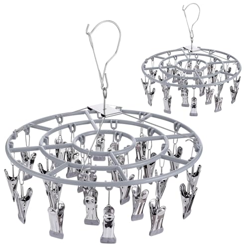 2PCS Drying Rack Clothing with 24 Clips, Metal Round Sock Hanger for Drying Hanging Clothes Dryer Underwear Hangers Racks Lingerie Bra Baby Delicates Foldable Small Indoor Laundry Dryer