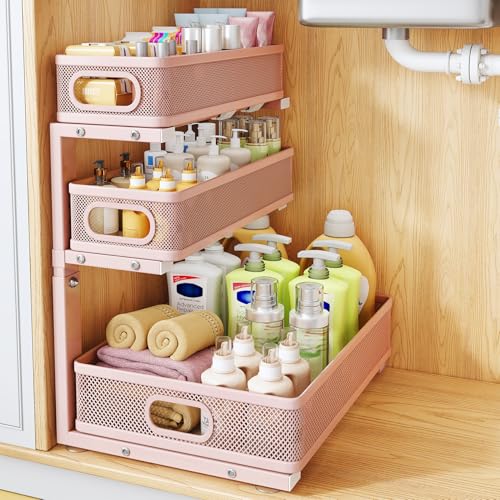 Under Sink Organizer, 3-Tier Thickened Metal Pull out Cabinet Organizer Shelf, Height Adjustable Slide out Storage Drawer Rack for Kitchen Bathroom Pantry Laundry Home Organization, 1-Pack, Pink - color: Pink, size: 1-Pack