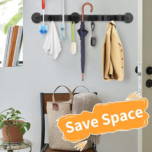 Magnetic Broom Holder Wall Mount - Heavy Duty Non-Slip Mop Hanger with 4 Hooks And 5 Rack, No Drill Tool Organizer for Refrigerator,Garage,Laundry Room (Black, 5Racks 4Hooks)