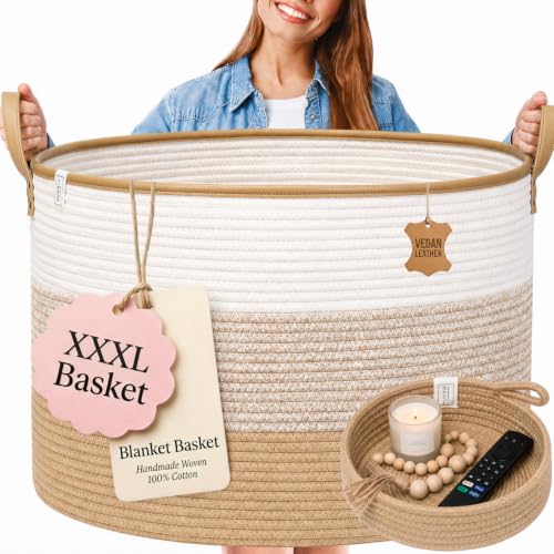XXXL Vegan Leather Cotton Rope Blanket Durable Handles 85L 2PCs Decorative Woven Baskets for Storage - Soft Durable XXX Large Cotton Rope Blanket Storage Living Room, Toys 22" x 14" (Brown/White) - color: Jute Ombre Vegan Leather, size: XXXL