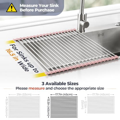 Tomorotec Roll Up Dish Drying Rack Over Sink, 304 Steel, 17.7x15.5, Pink - color: Pink, size: 17.7 x 15.5 in