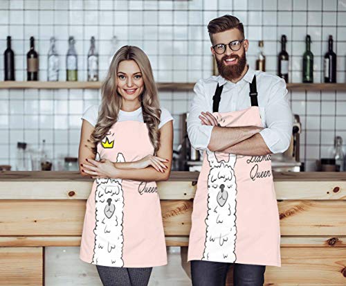 EKOBLA Llama Queen Aprons Alpaca Wearing Crown Funny Cute Animal Cartoon Waterproof Resistant Chef Cooking Kitchen BBQ Adjustable Aprons for Women Men 27x31 Inch - color: Multi-a105