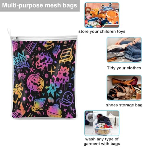 Mesh Laundry Bags Lingerie Bags for Washing Delicates 2 PCS Durable Wash Bag with Zipper Small and Medium Washable Black Punk Pumpkin Halloween - color: Black Punk Pumpkin Halloween
