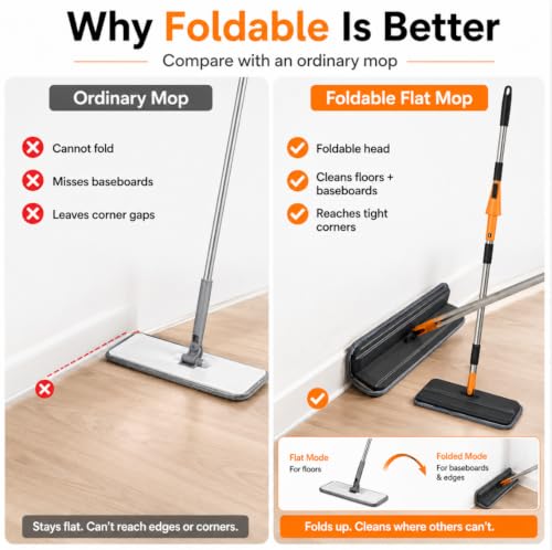Microfiber Flat Mop for Floor Cleaning, Foldable Floor Mop with 2 Washable Pads & Hair Removal Comb, Adjustable Long Handle Dust Mop for Hardwood Tile Laminate, Wet & Dry Baseboard Cleaner