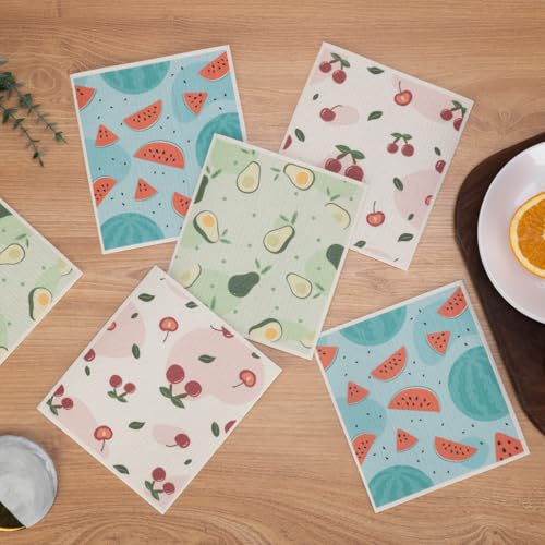 Swedish Dishcloths for Kitchen, 6 Pack Fruit Swedish Dish Towels with Clips, Reusable Paper Towels Washable Non-Scratch Super Absorbent Cellulose Sponge Cloths, Biodegradable No Odor - color: Fruit
