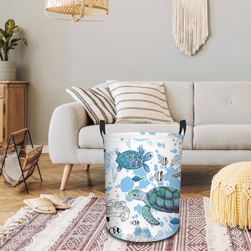 Sea Turtles Laundry Basket, 43L Collapsible Laundry Hamper Basket - color: blue sea turtles