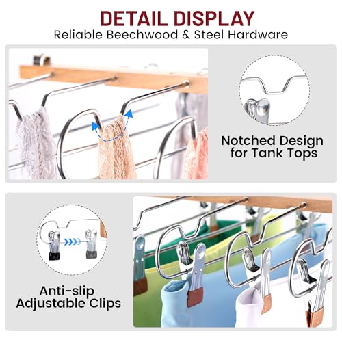 2 Pack Skirt Hangers with Clips, Space Saving Beechwood 5 Tier Pants Hangers with 360° Swivel Hook, Closet Organizer for Skirts, Pants, Tank Top-College Dorm Room Essentials (Wood Color)