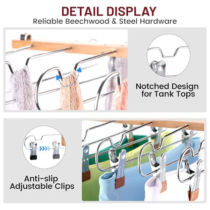 2 Pack Skirt Hangers with Clips, Space Saving Beechwood 5 Tier Pants Hangers with 360° Swivel Hook, Closet Organizer for Skirts, Pants, Tank Top-College Dorm Room Essentials (Wood Color)