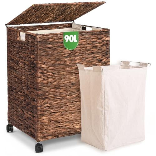 Livole Wicker Laundry Hamper with Lid & Wheel, Rattan Laundry Basket, 90L - color: Brown, size: 90L