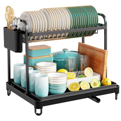 Sakugi Dish Drying Rack 2-Tier 16.7" x12.7" x15.8" Black Double Rod - color: Black, size: X-Large