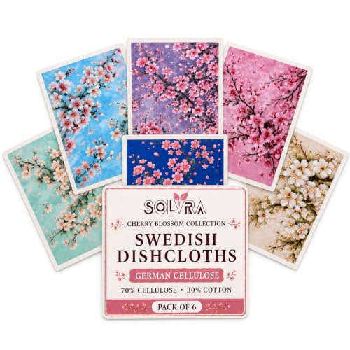6 Pcs Cherry Blossom Swedish Dishcloths for Kitchen, German Cellulose - color: 6 Pcs- Cherry Blossom Print