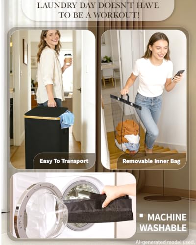 Laundry Hamper with Wheels, 75L Rolling Laundry Basket, Removable Inner Bag - color: Black, size: 75L