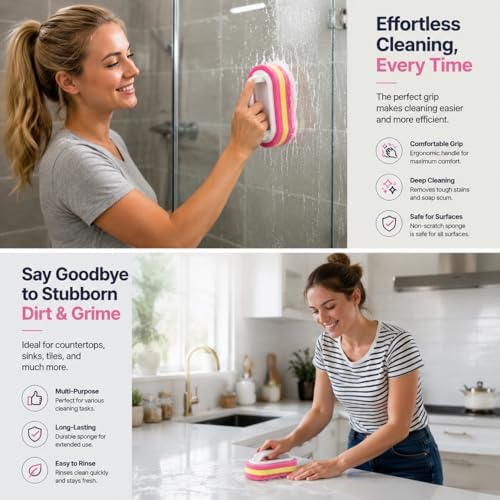 Bath Cleaning Brush, Grip Handle Scrubber for Tile & Sink, Pink - color: Pink