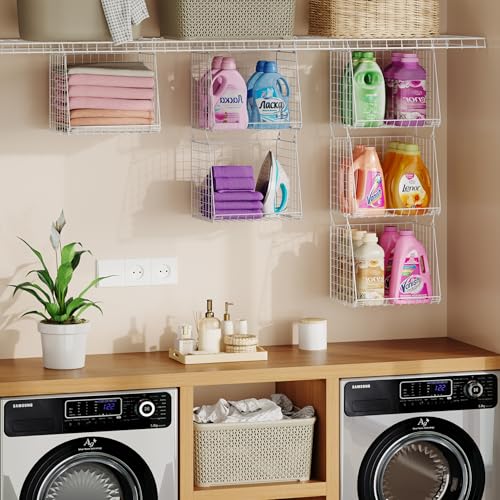 3-Pack Extra-Tall 13.6'' Hanging Laundry Basket Organizer, Foldable Wire Shelf with 360° Rotating Hooks & Reinforced Height - Durable Space-Saving Laundry Room & Closet Organizer, White Patent - color: White
