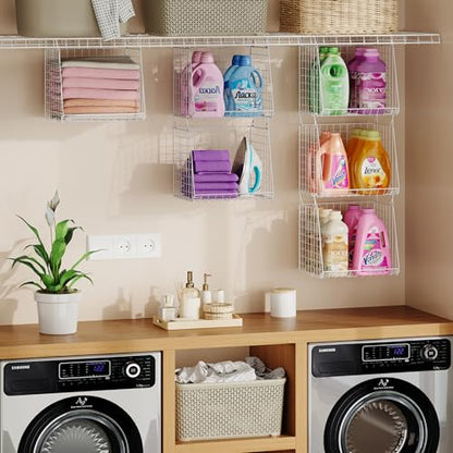 3-Pack Extra-Tall 13.6'' Hanging Laundry Basket Organizer, Foldable Wire Shelf with 360° Rotating Hooks & Reinforced Height - Durable Space-Saving Laundry Room & Closet Organizer, White Patent - color: White