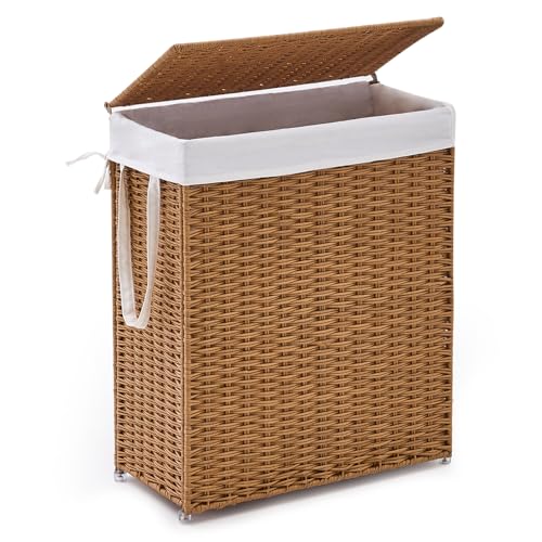 Slim Laundry Hamper with Lid, Handwoven Natural Water Hyacinth Basket - color: Brown, size: 75L