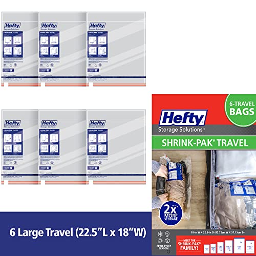 Hefty Shrink-Pak Large Travel Bags - Airtight Storage Bags for Maximum Space Saving, Travel Essentials, Ideal for Packing, Durable, Reliable Compression with Sealed Protection - size: 6 Large Travel Bags