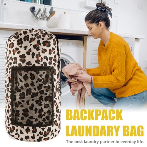 Olosar Laundry Bag Backpack, Extra Large Travel Laundry Bag with Mesh Pocket & Adjustable Shoulder Straps,Dirty Clothes Travel Bag for College Students Dorm,Apartment(Leopard Print) - color: Leopard Print, size: 1Pack