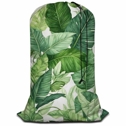 Swono Green Leaf Drawstring Portable Large Capacity Laundry Bags Watercolor Seamless Exotic Tropical Leaves Plants Travel Storage Bags for, Apartments, Home, Oxford Cloth - color: Green Leaf