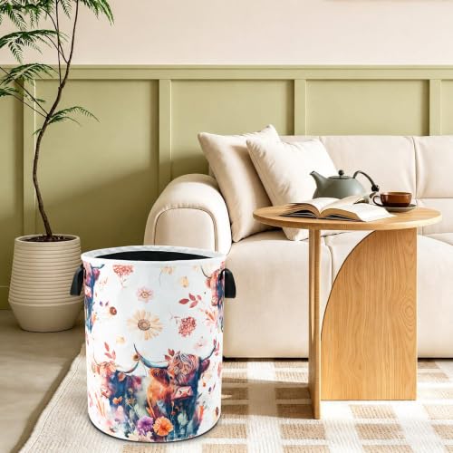 Highland Cow Floral Laundry Basket Foldable Waterproof 18.9 x 16.5 Inch - color: Beautiful Highland Cow