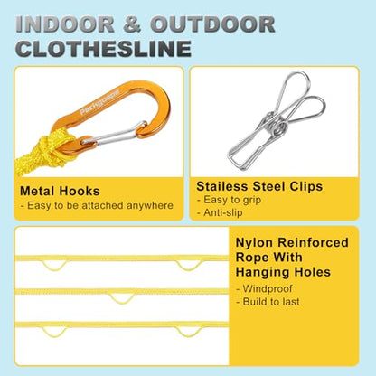 Portable Travel Clothesline, Windproof Clothes Laundry Line with Clothespins & Hang Holes, Indoor & Outdoor Clothes Drying Rope for Hotel, Backyard,Cruise Ships, Camping (Yellow, 16 Ft) - size: 16 Ft