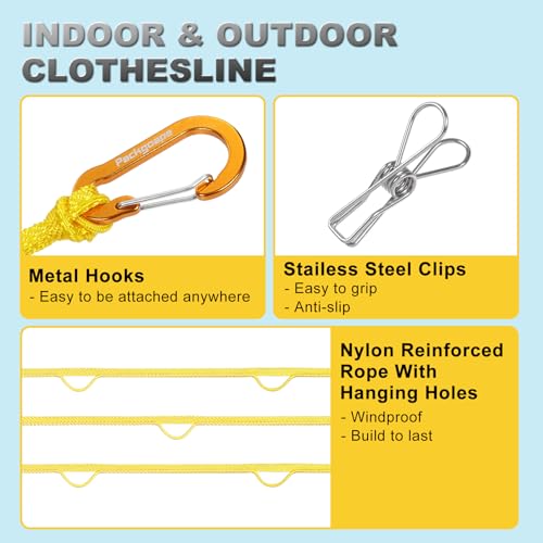 Portable Travel Clothesline, Windproof Clothes Laundry Line with Clothespins & Hang Holes, Indoor & Outdoor Clothes Drying Rope for Hotel, Backyard,Cruise Ships, Camping (Yellow, 20 Ft) - size: 20 Ft