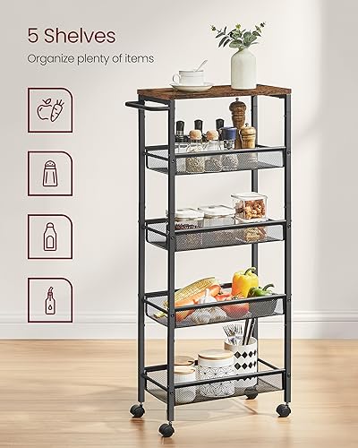VASAGLE 5-Tier Slim Rolling Storage cart with Wheels, 8.7 Inches, Metal - color: Rustic Brown + Classic Black, size: 5 Tiers (8.7"D x 39.2"H)