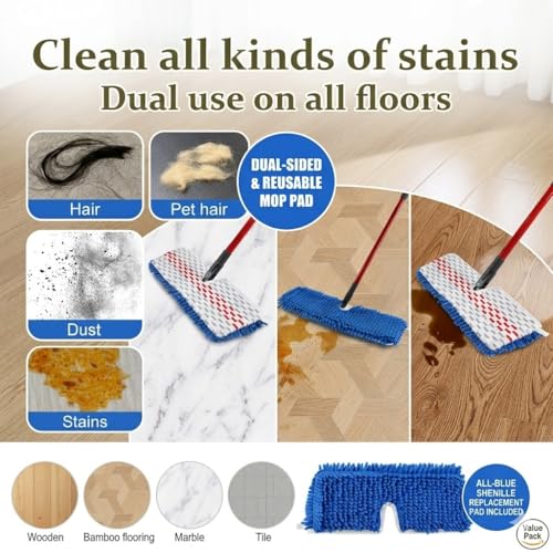 Microfiber Flat Mops for Floor Cleaning,Flat Mop with 3 Reusable Pads and Extendable 58" Long Handle for O Cedar Dual-Action Microfiber Flip Mop ,Washable Hardwood Floors Mopping to Dry and Wet Clean - size: Medium