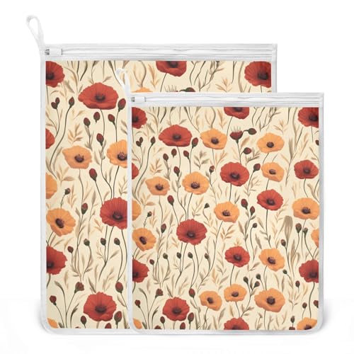 Mesh Laundry Bags Lingerie Bags for Washing Delicates 2 PCS Durable Wash Bag with Zipper Small and Medium Washable Cute Poppy Flowers Beige - color: Cute Poppy Flowers Beige