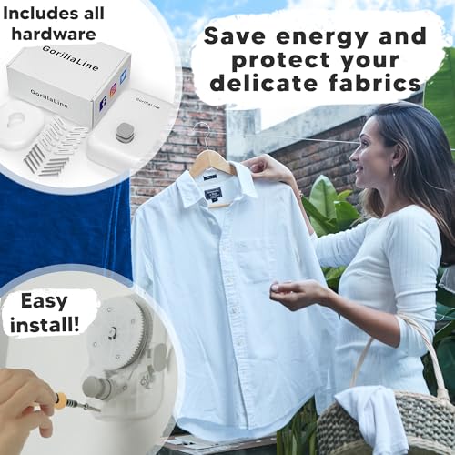 GorillaLine - Retractable Clothesline Indoor Outdoor Clothes Line | Heavy Duty Clothes Drying Laundry Line | Wall Mounted Drying Rack Clothing Line - color: White