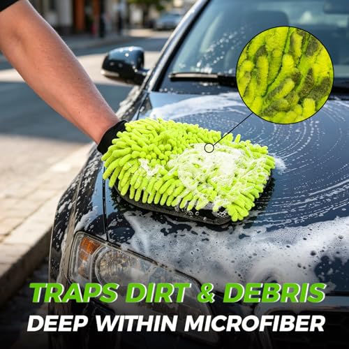 3-Piece Car Wash Kit: 2 Scratch-Free Chenille Microfiber Wash Mitts + 1 Large 400GSM Drying Towel, Lint-Free Auto Cleaning Set for Cars Trucks SUVs RVs