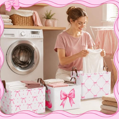 3 Pcs Pink Bow Storage Baskets for Gifts Empty Large, Coquette Room Decor, Toys Books Laundry Basket for Girls, Collapsible Canvas Fabric Pink Storage Bins With Handle for Bedroom Bathroom Nursery