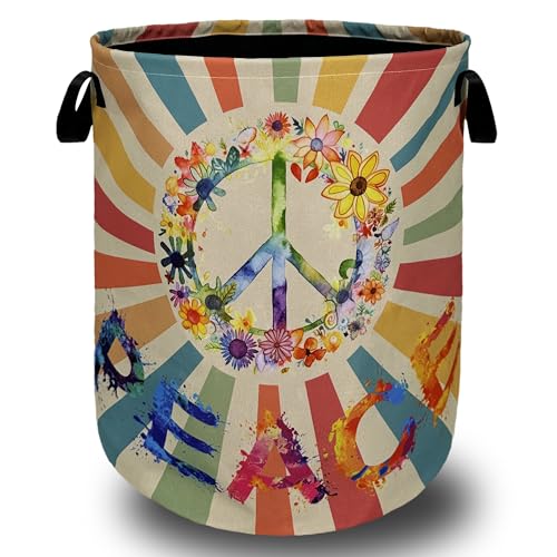 Hippie Peace Laundry Basket Foldable Oxford Cloth Hamper 18.9"x16.5" - color: Colorful Retro Hippie Peace