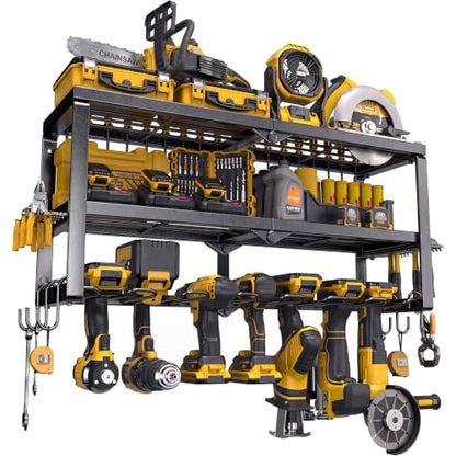 Spampur Power Tool Organizer for Tool Storage, Drill Holder Wall Mount with Screwdriver Organizer, Tool Holder for Garage Wall Organization, Heavy Duty Metal Tool Shelf with Battery Holder - size: 3 shelves 7 slots