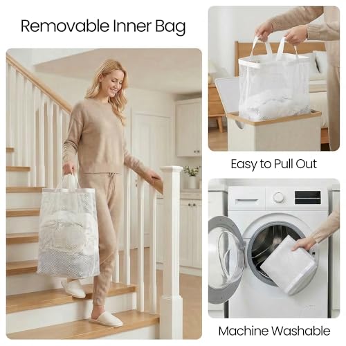 efluky Slim Laundry Basket with Lid, Narrow Laundry Hamper with Removable Bag, Skinny Dirty Clothes Basket with Bamboo Handles for Bathroom, Bedroom & Laundry Room, 65L White - color: White, size: 65L