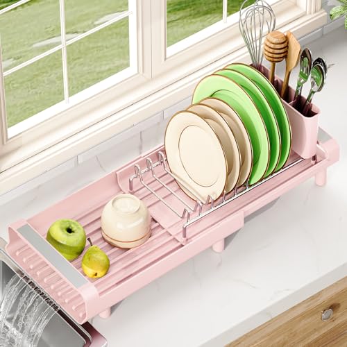 TOOLF Small Dish Drying Rack, Expandable and Space-Saving, Pink - color: Pink