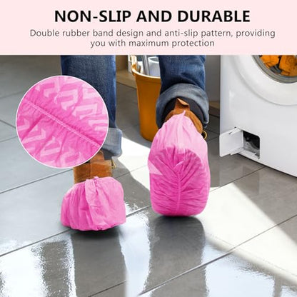 squish 200 Pack Shoe Covers Disposable Non-Slip, Pink Non-Woven Fabric Boot Covers for Indoors Breathable Slip Resistant Durable Boot&Shoes Cover, Protector Covers Fits Virtually Most Shoes - color: Pink