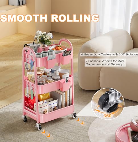 3 Tier Rolling Storage Cart Metal with Wheels, Pink Three Tiered Craft Cart - color: Soft Pink