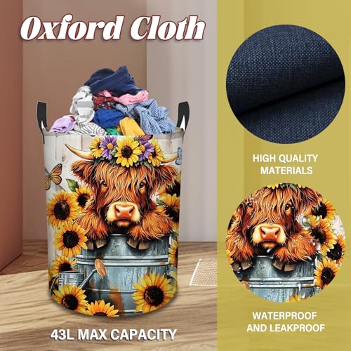 Highland Cow Laundry Basket-13.8x17.7in Sunflower Oxford Laundry Hamper - color: Sunflower Highland Cattle