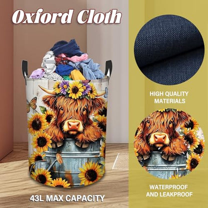 Highland Cow Laundry Basket-13.8x17.7in Sunflower Oxford Laundry Hamper - color: Sunflower Highland Cattle