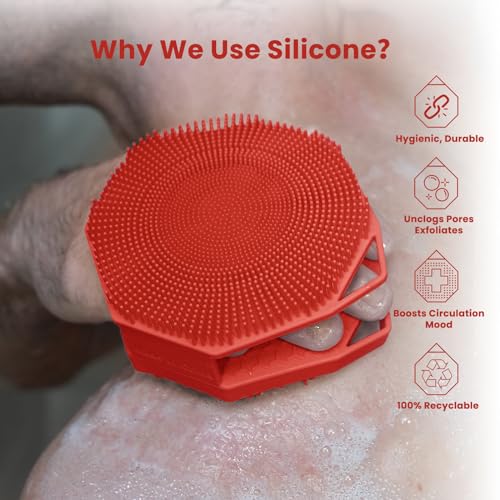 iTokGoK® Silver-Infused 2-in-1 Silicone Body Scrubber, Double-Sided Design Body Brush Silicone Body Scrubber Exfoliating Body Brushes for All Skin for Showering, Lathers Well- Red - color: Red