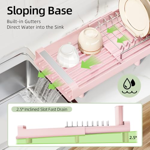 TOOLF Small Dish Drying Rack, Expandable and Space-Saving, Pink - color: Pink