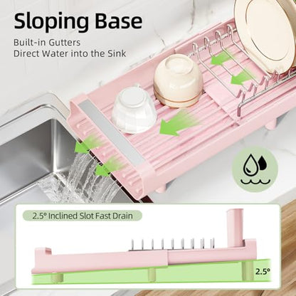 TOOLF Small Dish Drying Rack, Expandable and Space-Saving, Pink - color: Pink