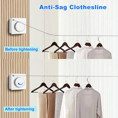 15.7Ft Retractable Clothesline Indoor is Also an Anti-sag Retractable Clothesline Outdoor,Stainless Steel Wire Laundry line Retractable for Drying Clothes ，with 12 Clip (White) - color: White