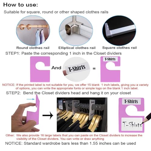 32 Pack White Clothing Rack Size Dividers Plus 75 Labels (1 Inch) and 30 Large Blank Labels, Large Rectangular Clothing Closet Dividers (Purple) - color: Purple, size: 32 PACK